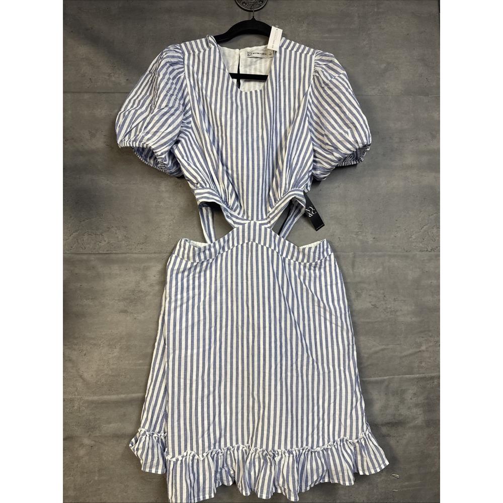 NWT New York & Co Striped Dress Waist Cut Out Puff Sleeves Lg